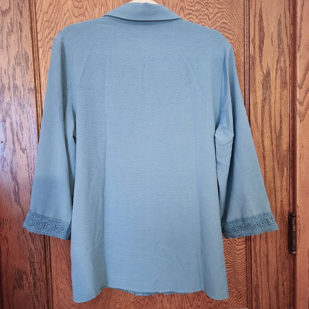 NEW Modlily Womens Teal Green Button Down  3/4 Sleeve Blouse Size L Cottagecore - Picture 2 of 8